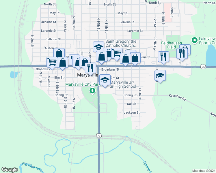 map of restaurants, bars, coffee shops, grocery stores, and more near 1111 Walnut Street in Marysville