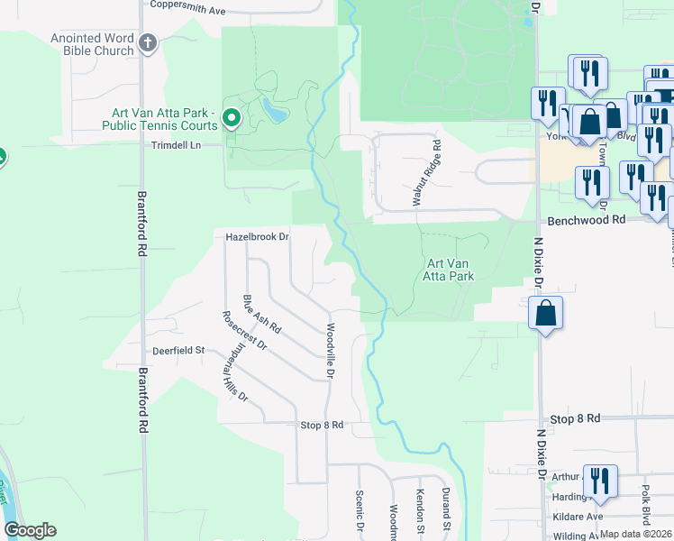 map of restaurants, bars, coffee shops, grocery stores, and more near 2807 Northlake Court in Dayton