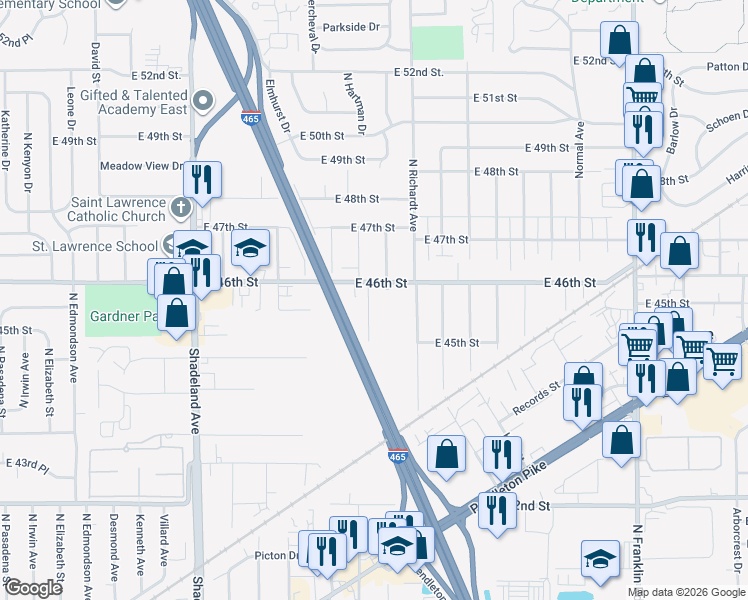 map of restaurants, bars, coffee shops, grocery stores, and more near 4533 North Hartman Drive in Indianapolis