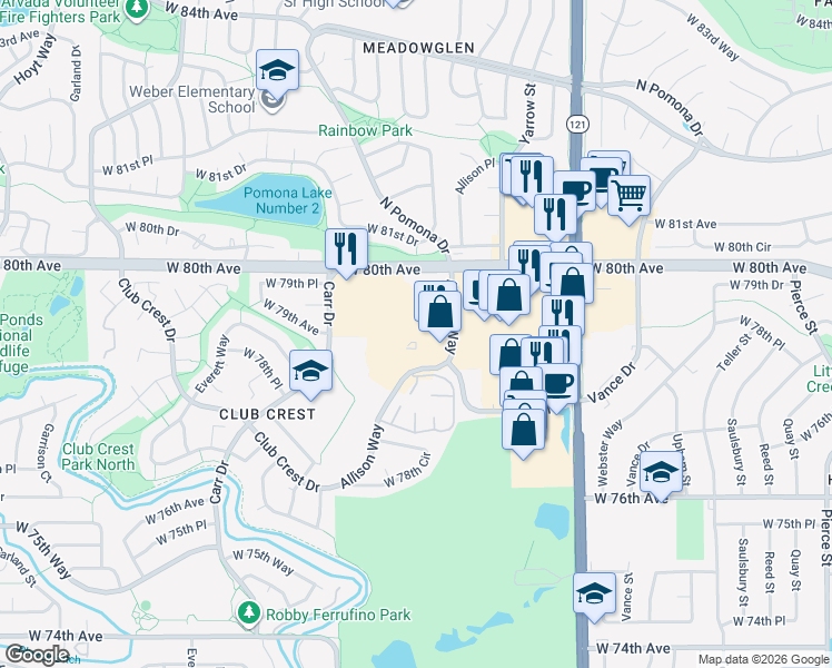 map of restaurants, bars, coffee shops, grocery stores, and more near 7897 Allison Way in Arvada