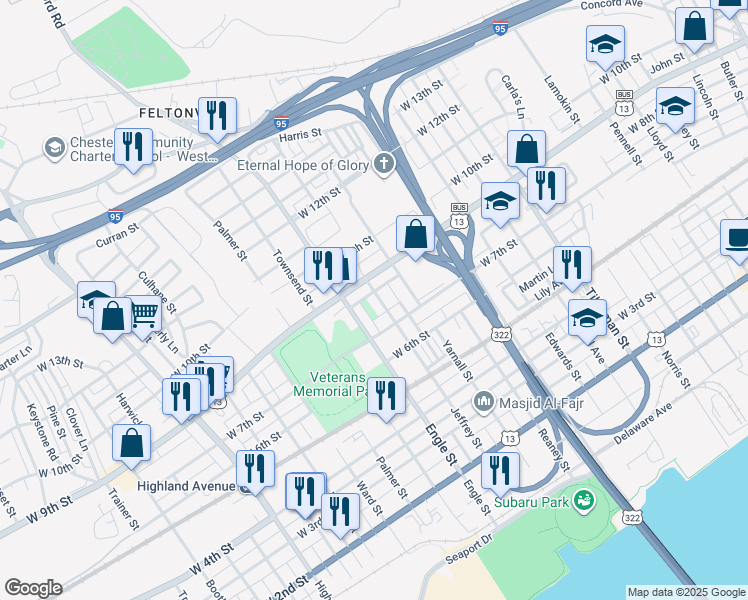 map of restaurants, bars, coffee shops, grocery stores, and more near 736 Jeffrey Street in Chester