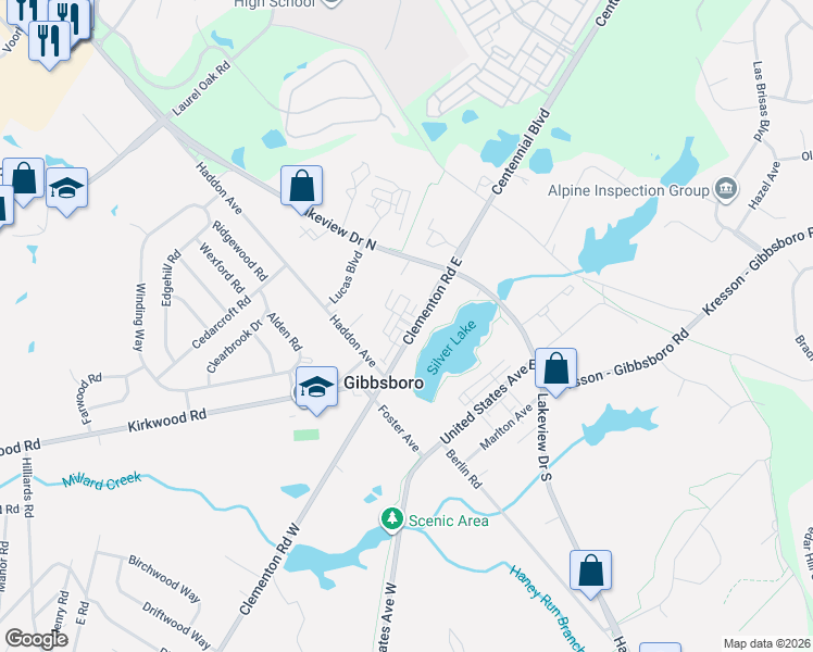 map of restaurants, bars, coffee shops, grocery stores, and more near 3 Clementon Road East in Gibbsboro