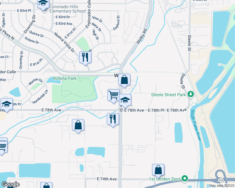 map of restaurants, bars, coffee shops, grocery stores, and more near 7901 York Street in Denver