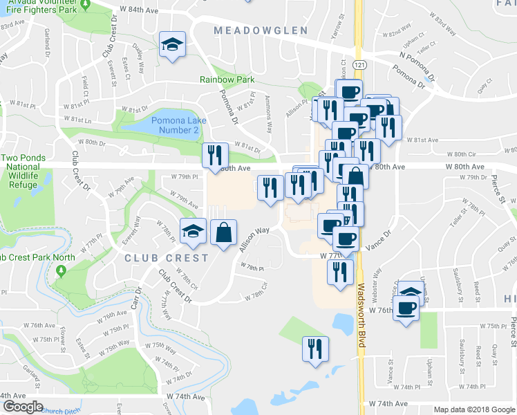 map of restaurants, bars, coffee shops, grocery stores, and more near 7897 Allison Way in Arvada