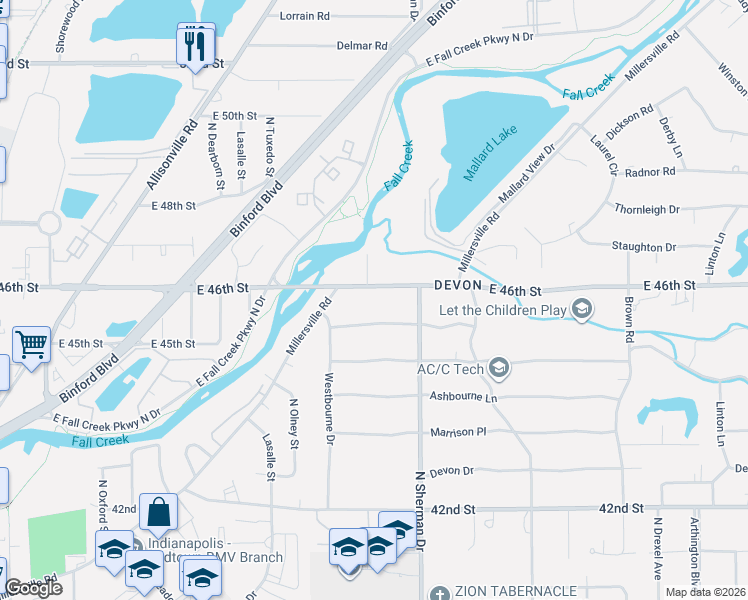 map of restaurants, bars, coffee shops, grocery stores, and more near 3707 East 46th Street in Indianapolis