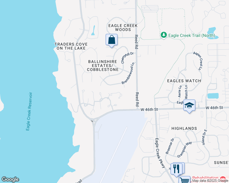 map of restaurants, bars, coffee shops, grocery stores, and more near 4753 Charrington Circle in Indianapolis
