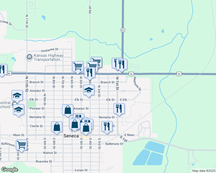 map of restaurants, bars, coffee shops, grocery stores, and more near 551 North 2nd Street in Seneca
