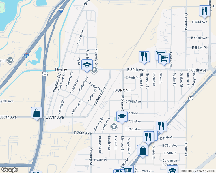 map of restaurants, bars, coffee shops, grocery stores, and more near 7930 Larkwood Street in Commerce City