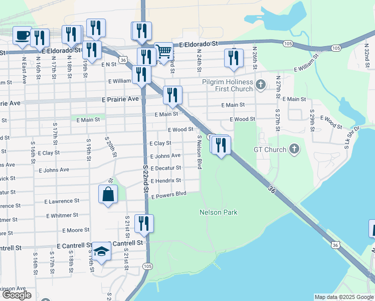 map of restaurants, bars, coffee shops, grocery stores, and more near 335 South 23rd Place in Decatur