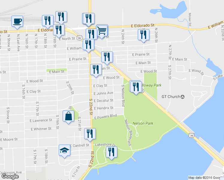 map of restaurants, bars, coffee shops, grocery stores, and more near 335 South 23rd Place in Decatur