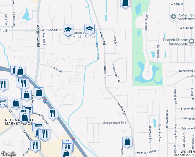 map of restaurants, bars, coffee shops, grocery stores, and more near 4231 West 47th Street in Indianapolis