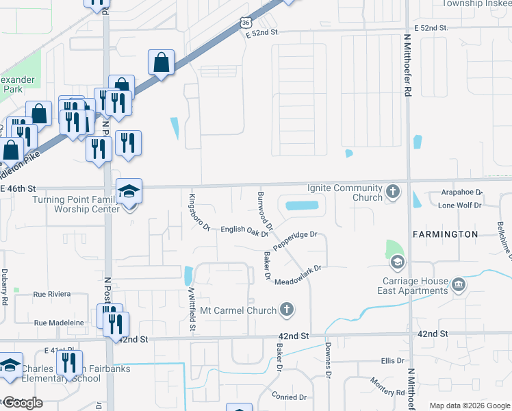 map of restaurants, bars, coffee shops, grocery stores, and more near 9460 Burrwood Circle in Indianapolis