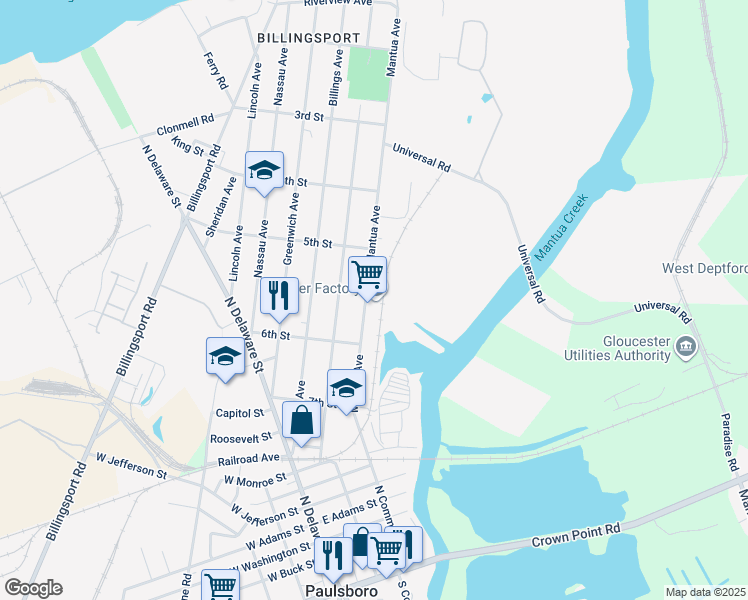 map of restaurants, bars, coffee shops, grocery stores, and more near 537 Mantua Avenue in Paulsboro