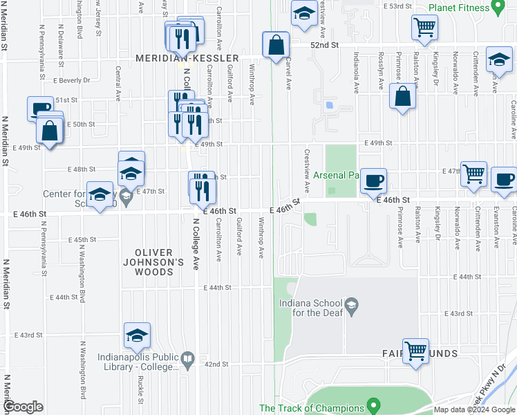 map of restaurants, bars, coffee shops, grocery stores, and more near 4602 Winthrop Avenue in Indianapolis