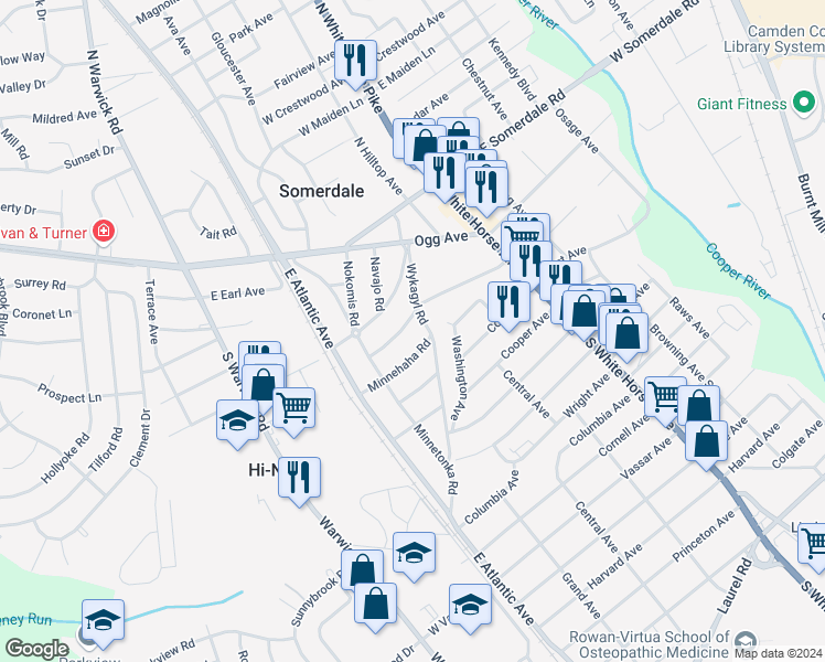 map of restaurants, bars, coffee shops, grocery stores, and more near 12 Pocahontas Road in Somerdale