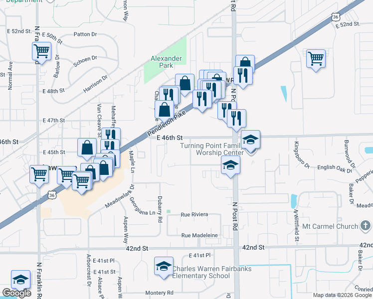 map of restaurants, bars, coffee shops, grocery stores, and more near 4522 Clinton Street in Indianapolis