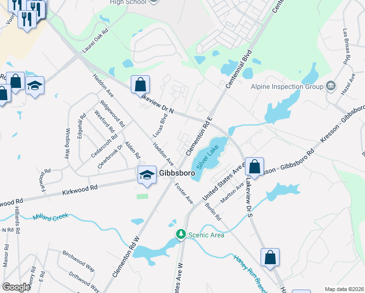 map of restaurants, bars, coffee shops, grocery stores, and more near 3 Clementon Road East in Gibbsboro