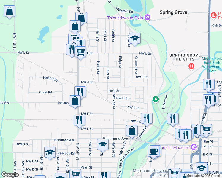 map of restaurants, bars, coffee shops, grocery stores, and more near 1005 Hunt Street in Richmond
