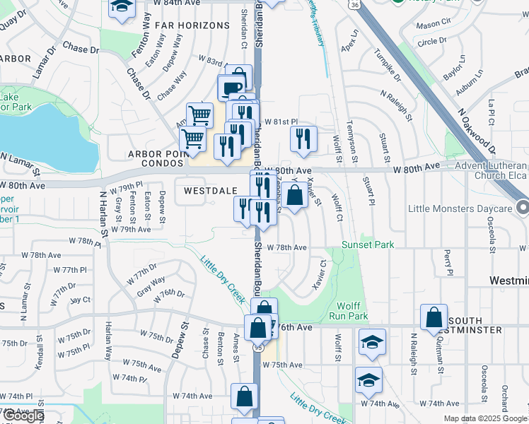 map of restaurants, bars, coffee shops, grocery stores, and more near 7940 Sheridan Boulevard in Westminster