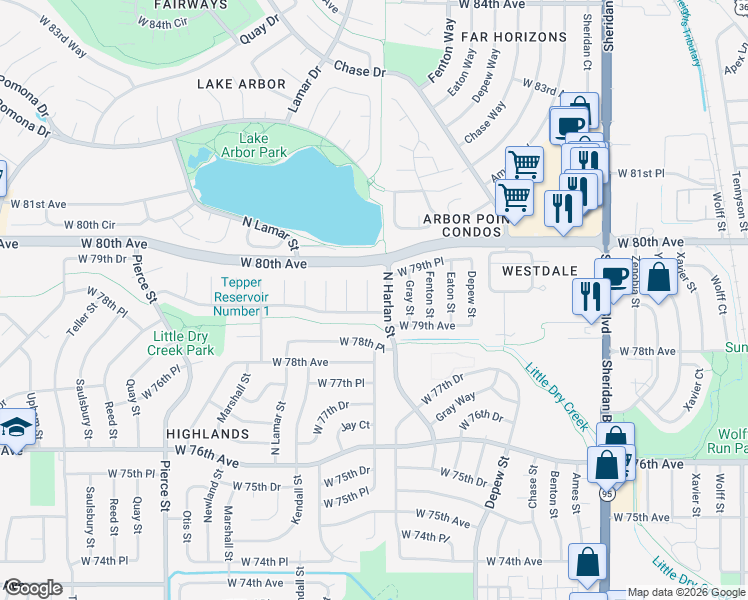 map of restaurants, bars, coffee shops, grocery stores, and more near 7947 North Harlan Street in Arvada