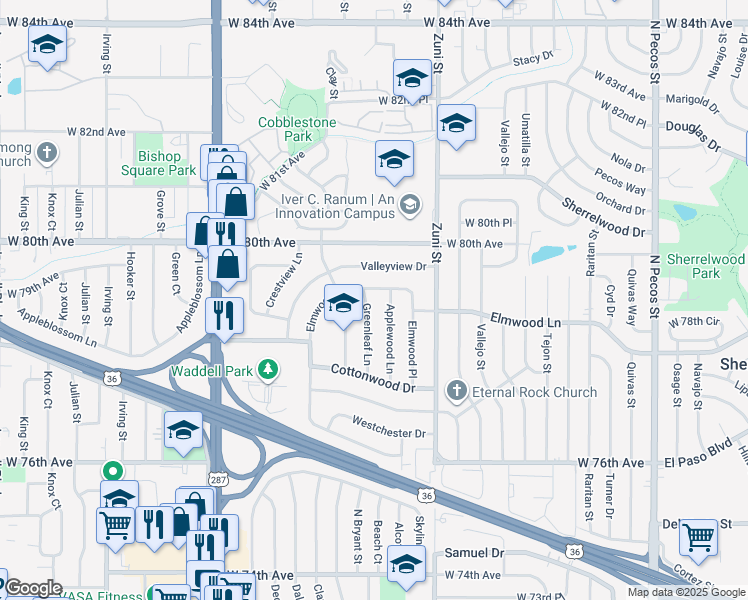 map of restaurants, bars, coffee shops, grocery stores, and more near 7899 Applewood Lane in Denver