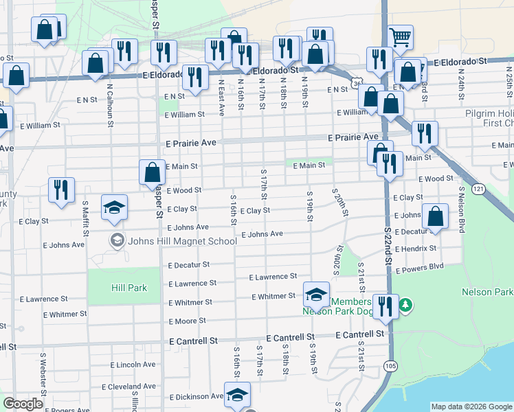 map of restaurants, bars, coffee shops, grocery stores, and more near 1608 East Clay Street in Decatur