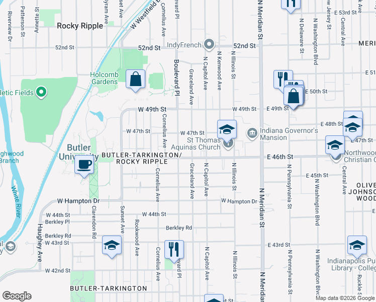 map of restaurants, bars, coffee shops, grocery stores, and more near 4614 Graceland Avenue in Indianapolis