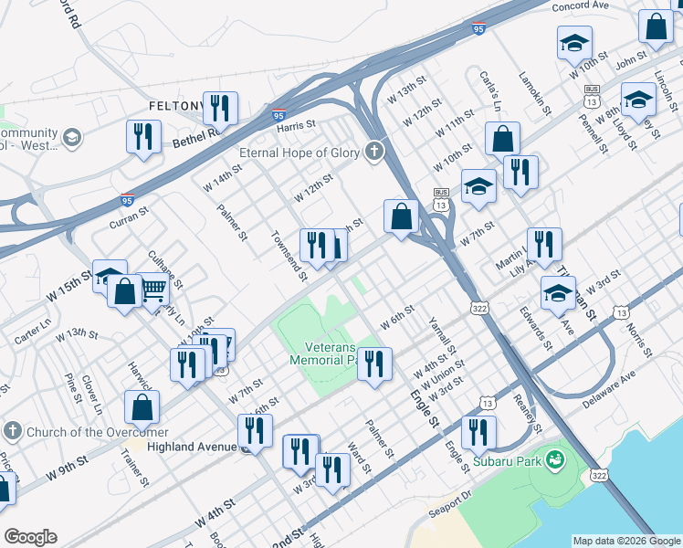 map of restaurants, bars, coffee shops, grocery stores, and more near 212 West 9th Street in Chester