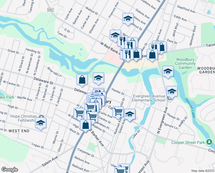 map of restaurants, bars, coffee shops, grocery stores, and more near 106 North Broad Street in Woodbury