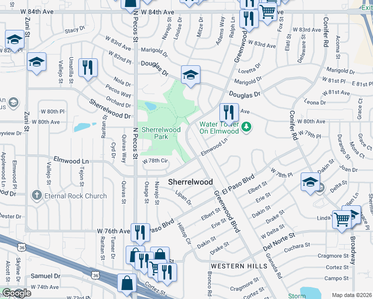 map of restaurants, bars, coffee shops, grocery stores, and more near in Sherrelwood