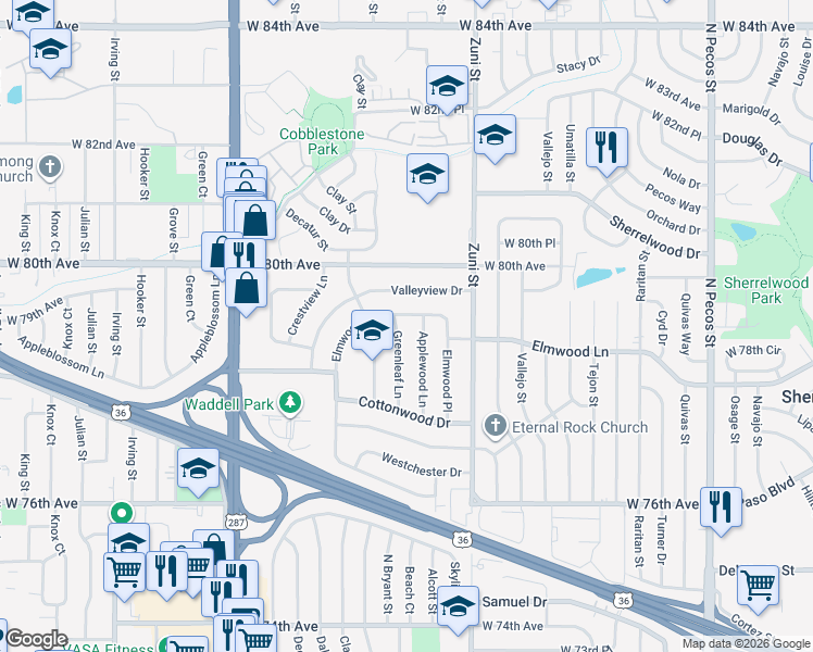 map of restaurants, bars, coffee shops, grocery stores, and more near 7899 Applewood Lane in Denver