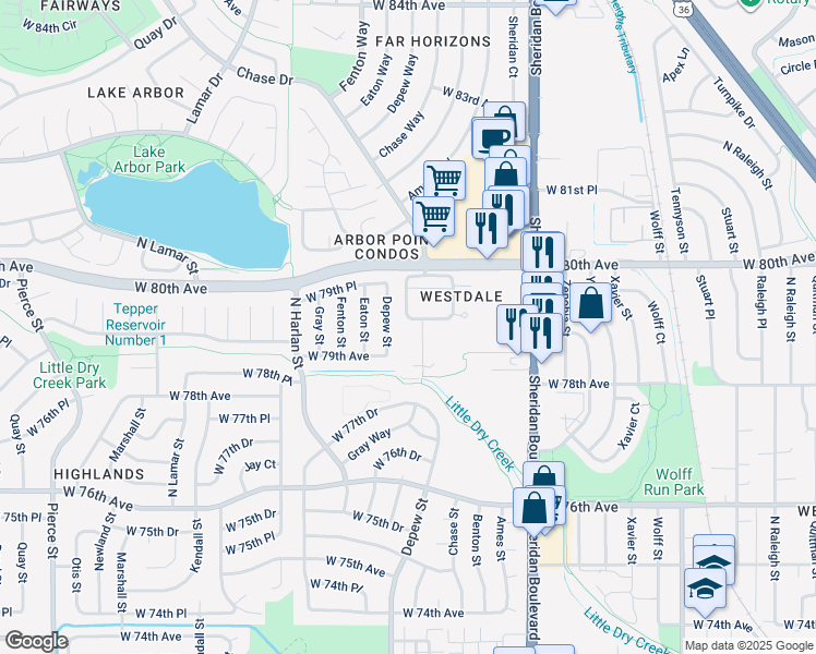 map of restaurants, bars, coffee shops, grocery stores, and more near 7936 Depew Street in Arvada
