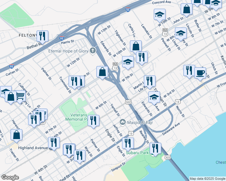 map of restaurants, bars, coffee shops, grocery stores, and more near 1831 West 7th Street in Chester