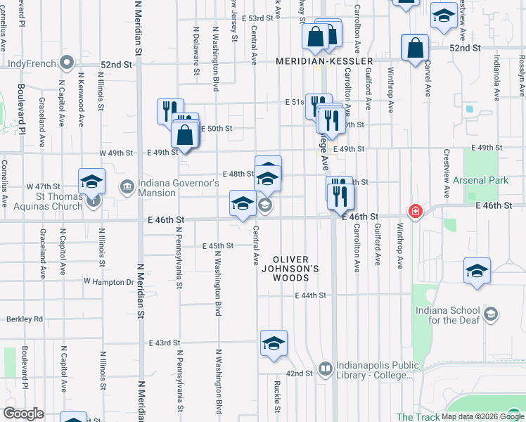 map of restaurants, bars, coffee shops, grocery stores, and more near 510 East 46th Street in Indianapolis