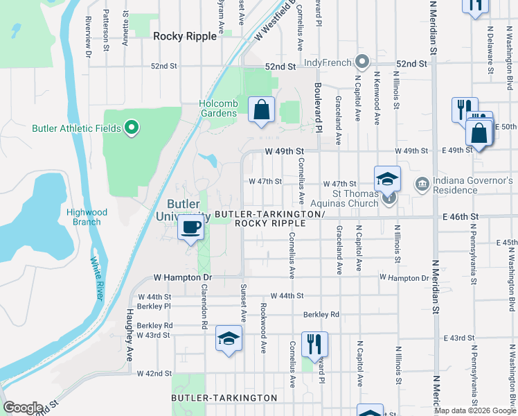 map of restaurants, bars, coffee shops, grocery stores, and more near 4621 Rookwood Avenue in Indianapolis