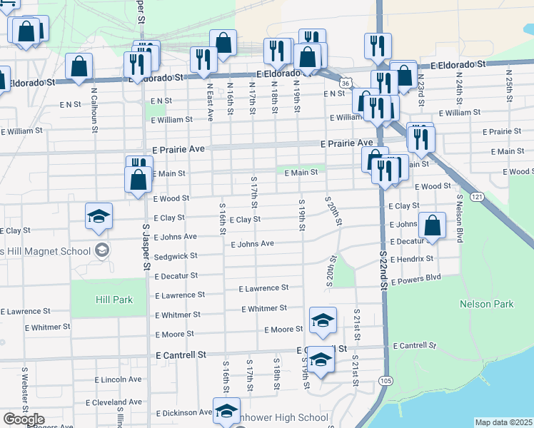 map of restaurants, bars, coffee shops, grocery stores, and more near 1736 East Clay Street in Decatur