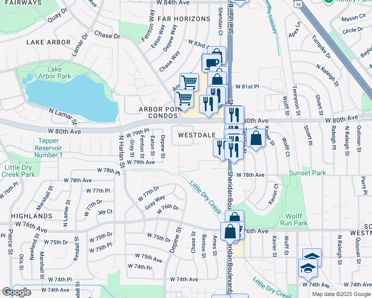 map of restaurants, bars, coffee shops, grocery stores, and more near 7946 Chase Circle in Arvada