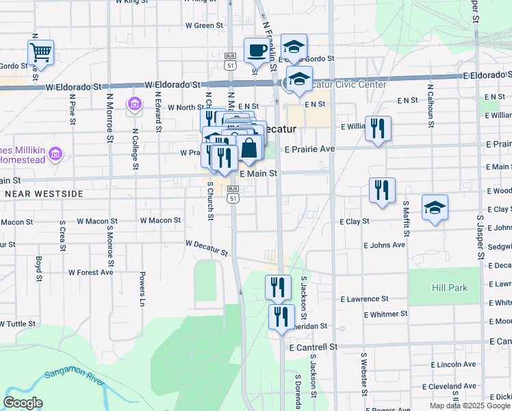 map of restaurants, bars, coffee shops, grocery stores, and more near 298 South Water Street in Decatur