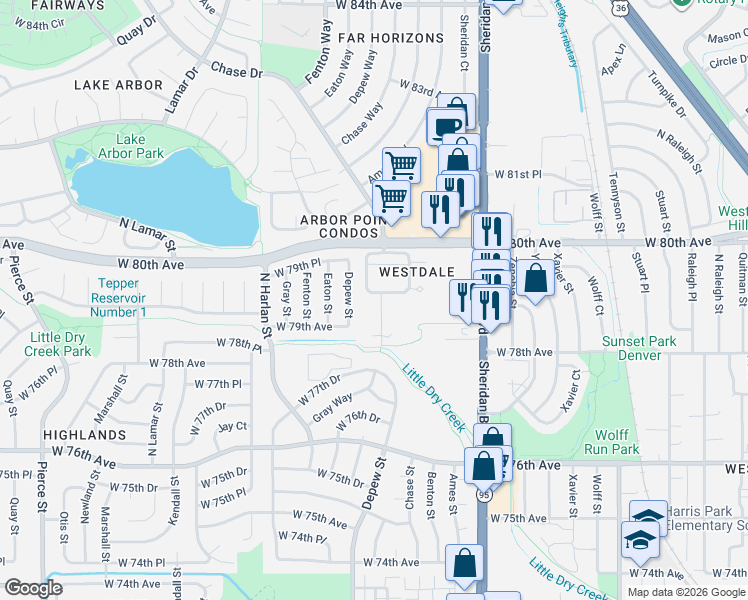 map of restaurants, bars, coffee shops, grocery stores, and more near 7936 Depew Street in Arvada
