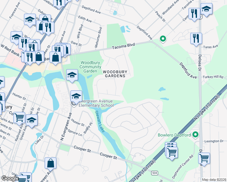 map of restaurants, bars, coffee shops, grocery stores, and more near 160 Carson Court in Deptford