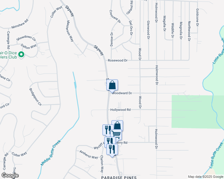 map of restaurants, bars, coffee shops, grocery stores, and more near 14632 Skyway in Magalia