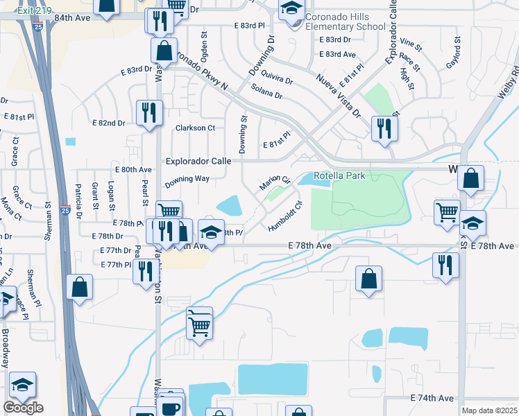 map of restaurants, bars, coffee shops, grocery stores, and more near 7905 Downing Street in Thornton