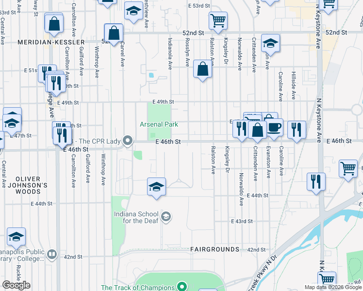 map of restaurants, bars, coffee shops, grocery stores, and more near 4555 Marcy Lane in Indianapolis