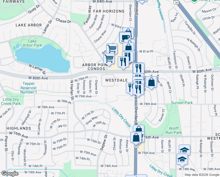 map of restaurants, bars, coffee shops, grocery stores, and more near 7946 Chase Circle in Arvada