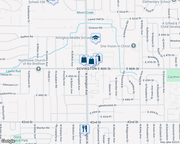 map of restaurants, bars, coffee shops, grocery stores, and more near 4555 North Arlington Avenue in Indianapolis