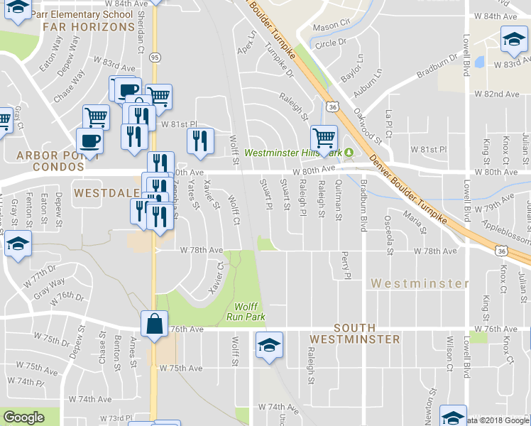 map of restaurants, bars, coffee shops, grocery stores, and more near 7901 Stuart Place in Westminster