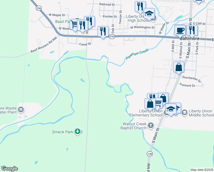 map of restaurants, bars, coffee shops, grocery stores, and more near 7920 Basil Road Northwest in Baltimore