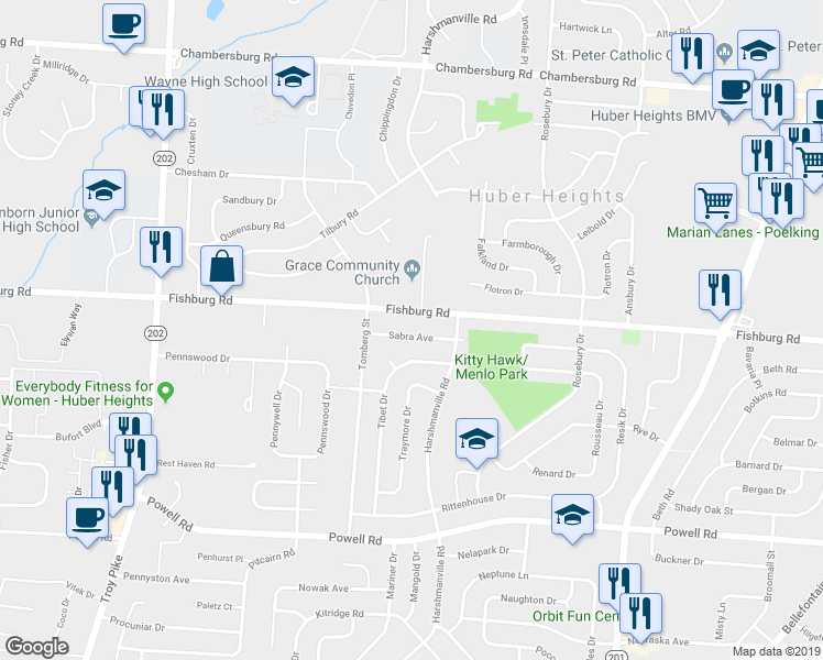 map of restaurants, bars, coffee shops, grocery stores, and more near 5005 Sabra Avenue in Dayton