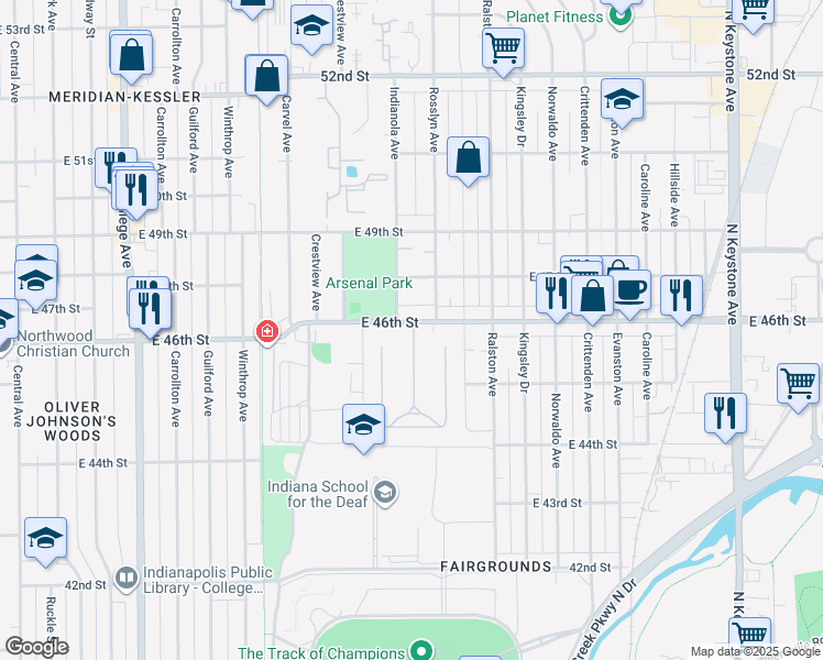 map of restaurants, bars, coffee shops, grocery stores, and more near 22 Marcy Lane in Indianapolis