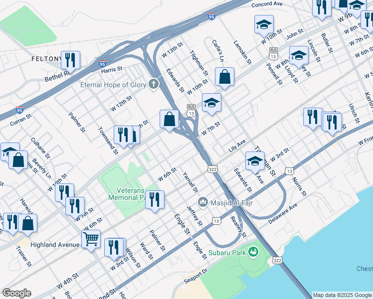 map of restaurants, bars, coffee shops, grocery stores, and more near 1831 West 7th Street in Chester